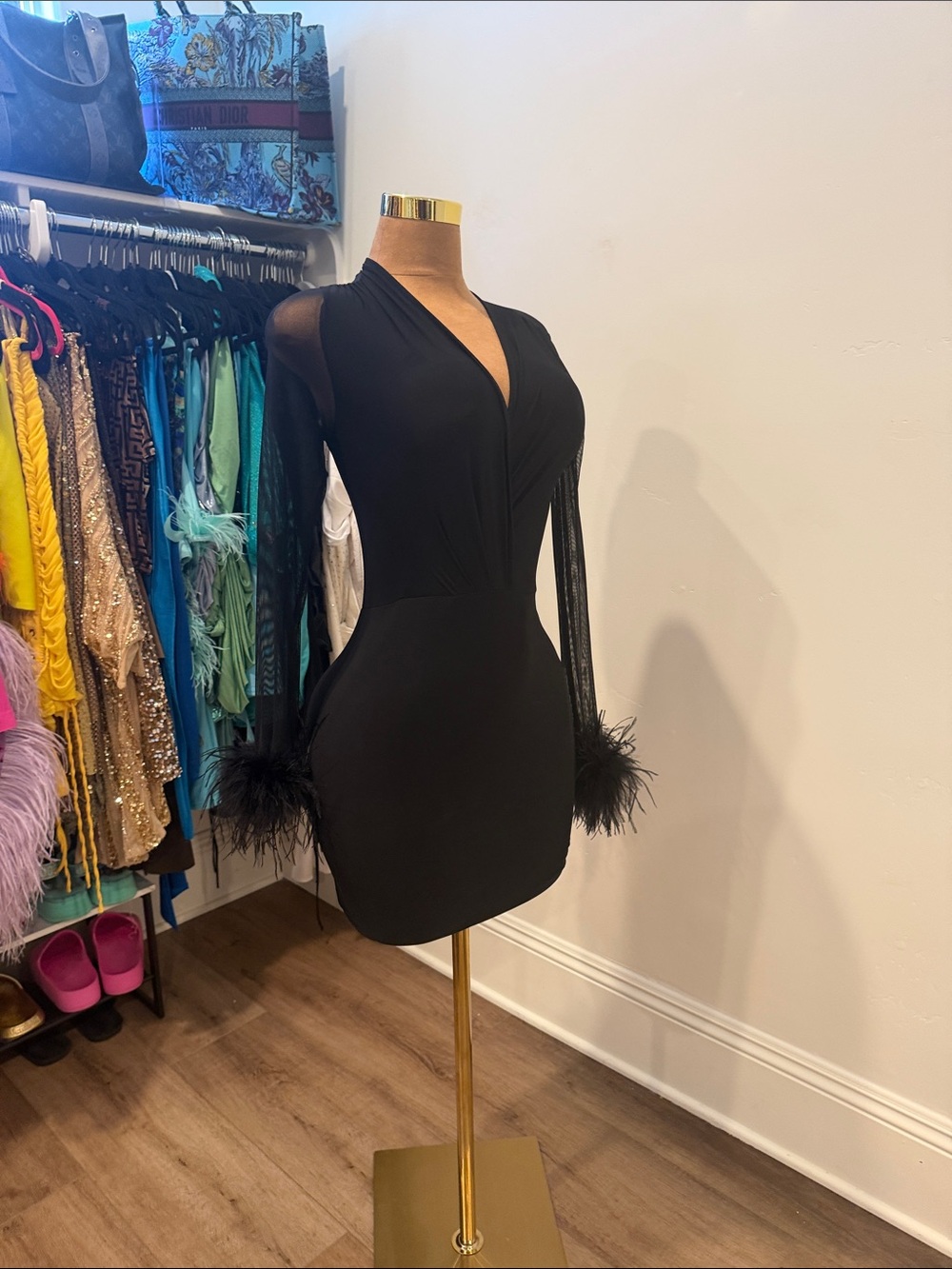 Fashion Nova Black Feather-Trim Mini Dress